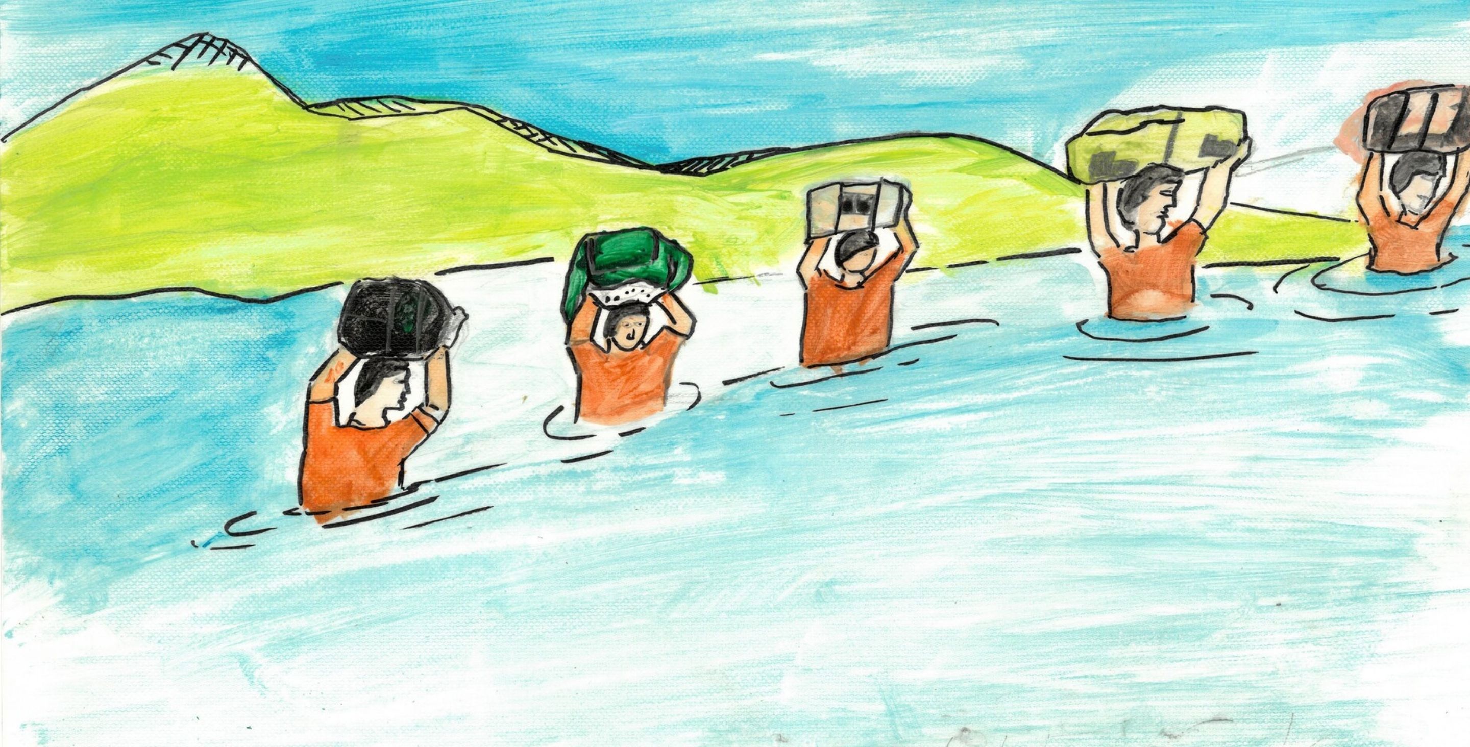A child's drawing of a flood features people carrying water jugs on their heads through deep waters.