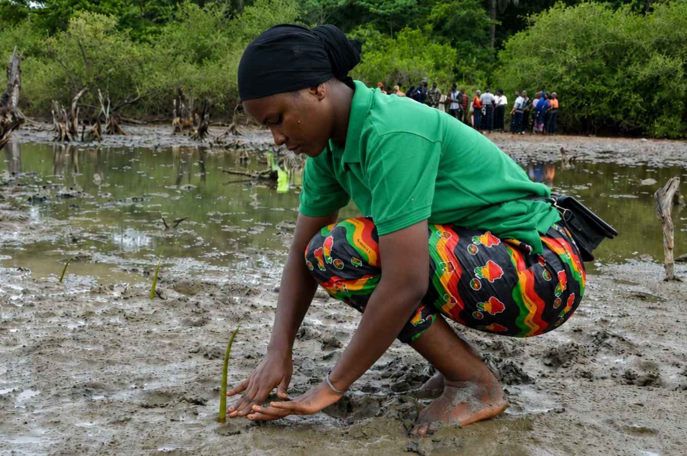 A youth climate activist plants a green mangrove seedling in a degraded coastal wetland, with a community group and palm trees visible in the background.