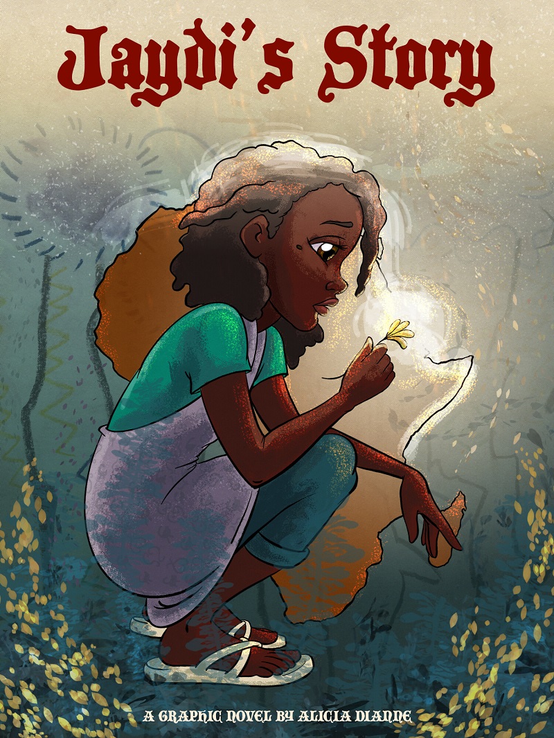 Cover art of a graphic novel shows a young African girl gazing at a glowing flower