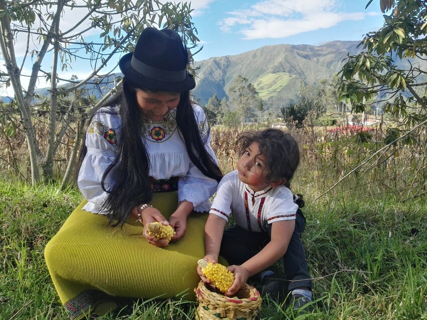 A mom and her daughter harvest corn in Ecuador.