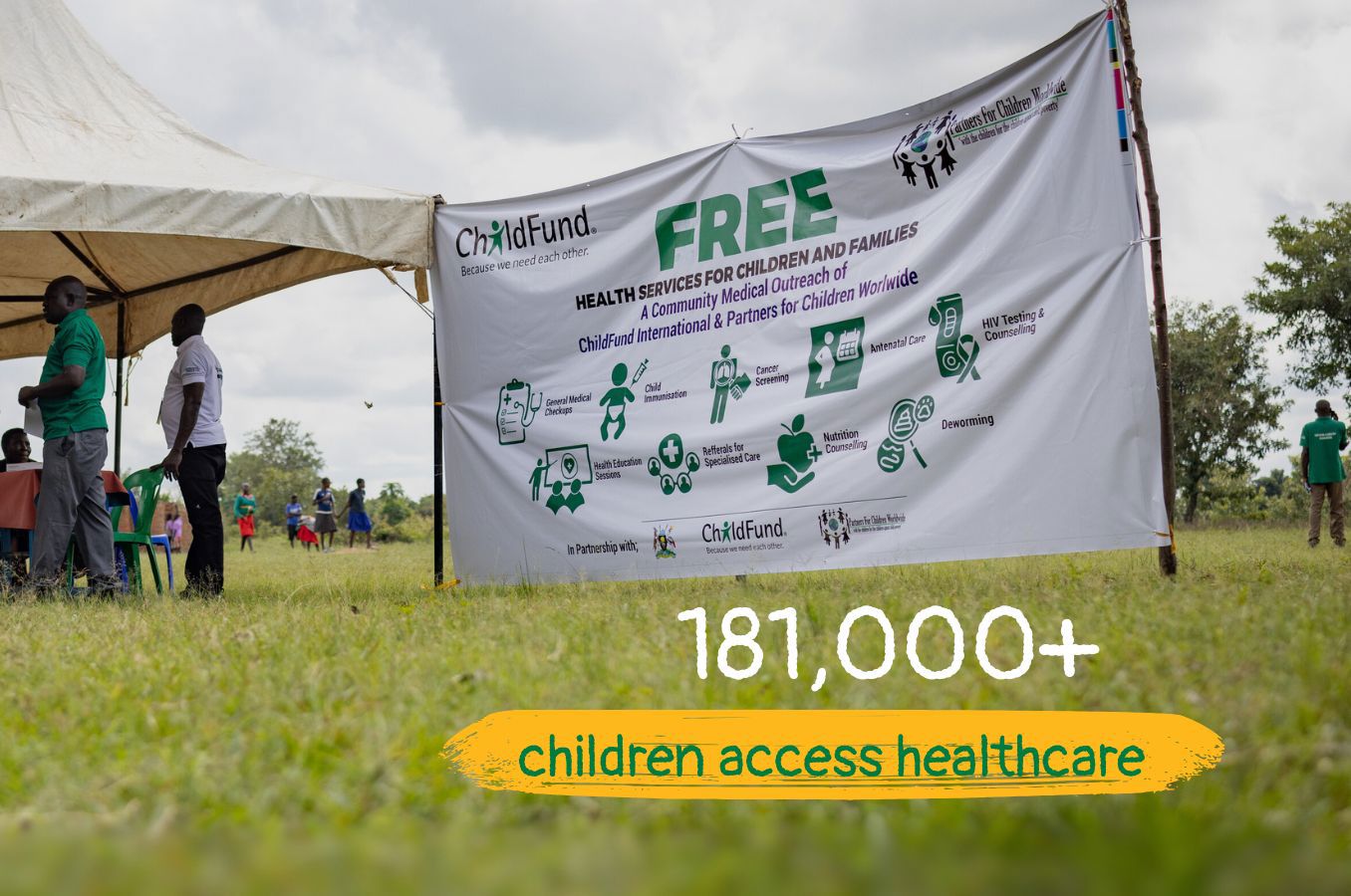Photo of a ChildFund health outreach. Text on photo reads 