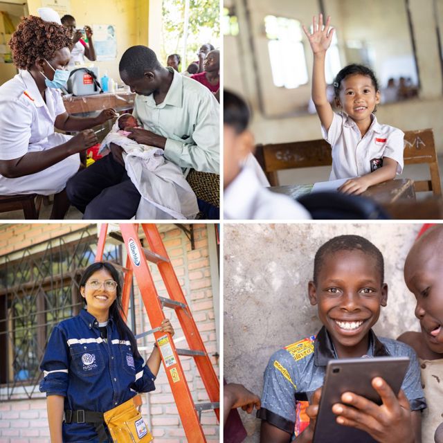 A grid of four photos. The top left shows health care workers treating children in a clinic, the top right shows a girl raising her hand in a classroom, the bottom left shows a young woman standing next to a ladder, wearing a uniform, and the bottom right shows a little boy holding a tablet and smiling.